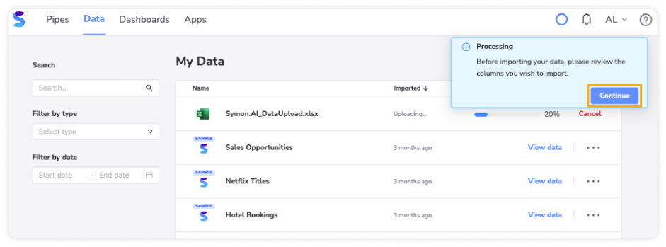 Processing: Before importing your data, please review the columns you wish to import.